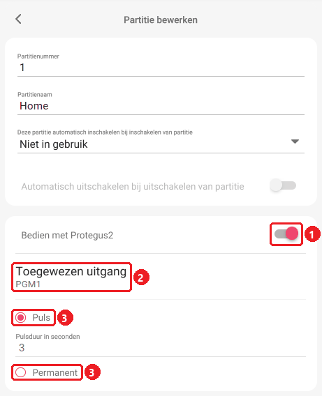 Protegus 2, Partitie bewerken: Bedien met Protegus2 aan, Toegewezen uitgang: PGM1, Puls